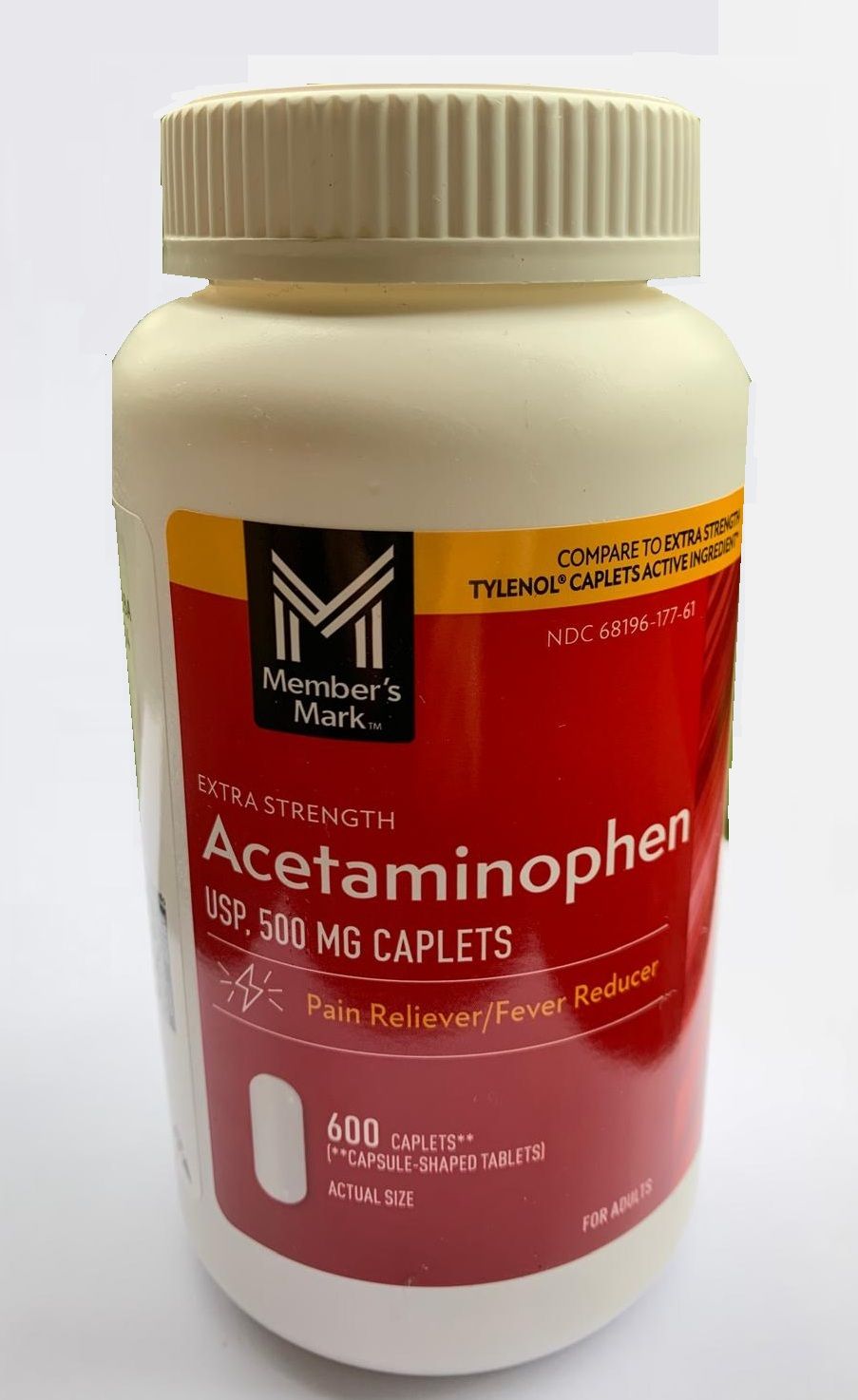 Member’s Mark Extra Strength Paracetamol 500mg – 600 Caplets Bottle - front view. Bulk value pack for fast pain relief.