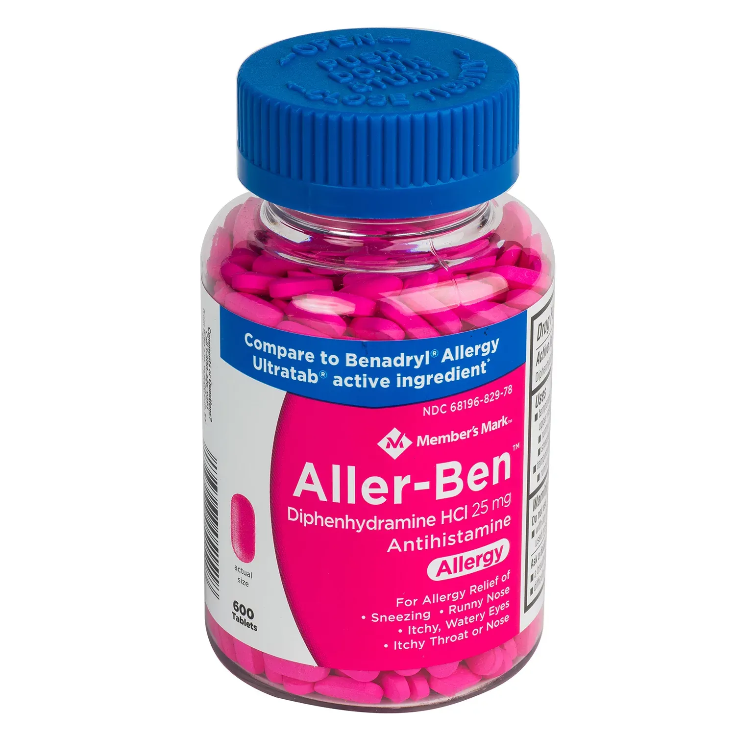 Member’s Mark allergy medicine 25 mg diphenhydramine HCl tablets; 600 count - bottle overall  view