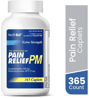HealthA2Z Extra Strength Pain Relief PM – 365 caplets; bottle front view. Acetaminophen + Diphenhydramine