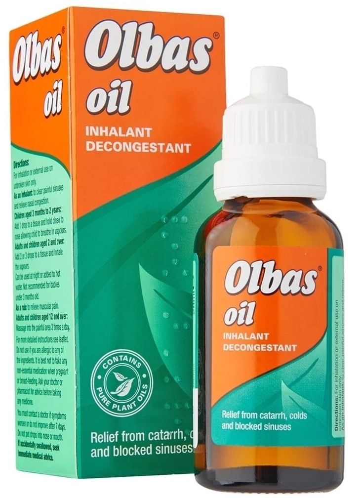 Olbas Oil 30ml Bottle – Natural Nasal Decongestant Inhalant - Packaging and Bottle Front View,