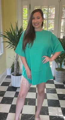 Green Tunic Mini Dress With Rhinestones