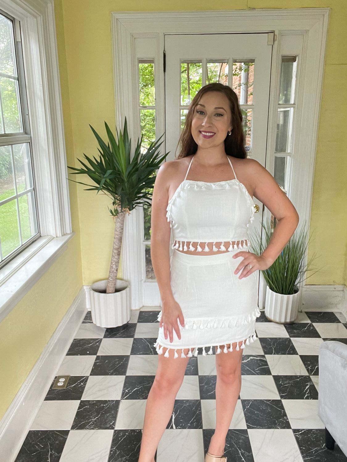 White 2 Piece Fringe Skirt And Top Set