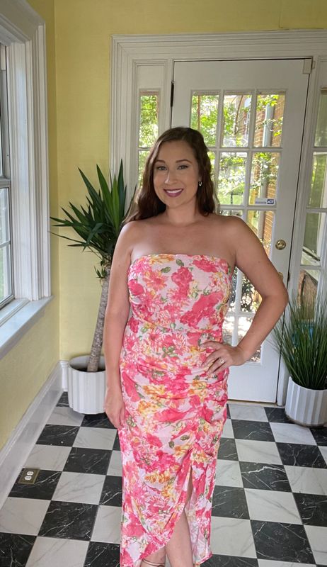 Pink Floral Midi Strapless Dress