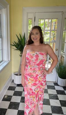 Pink Floral Midi Strapless Dress
