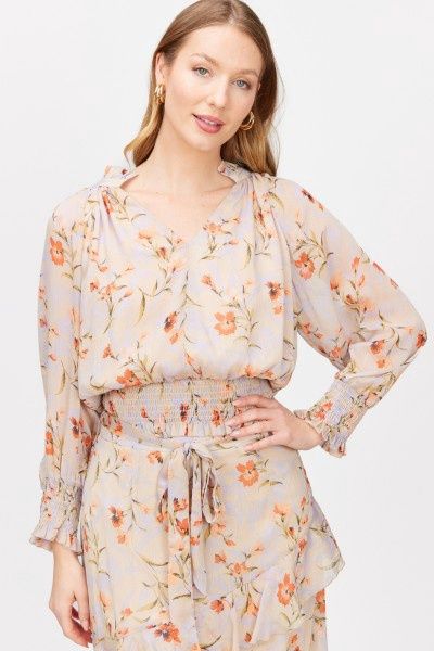 Chiffon Print Smocked Waist Top