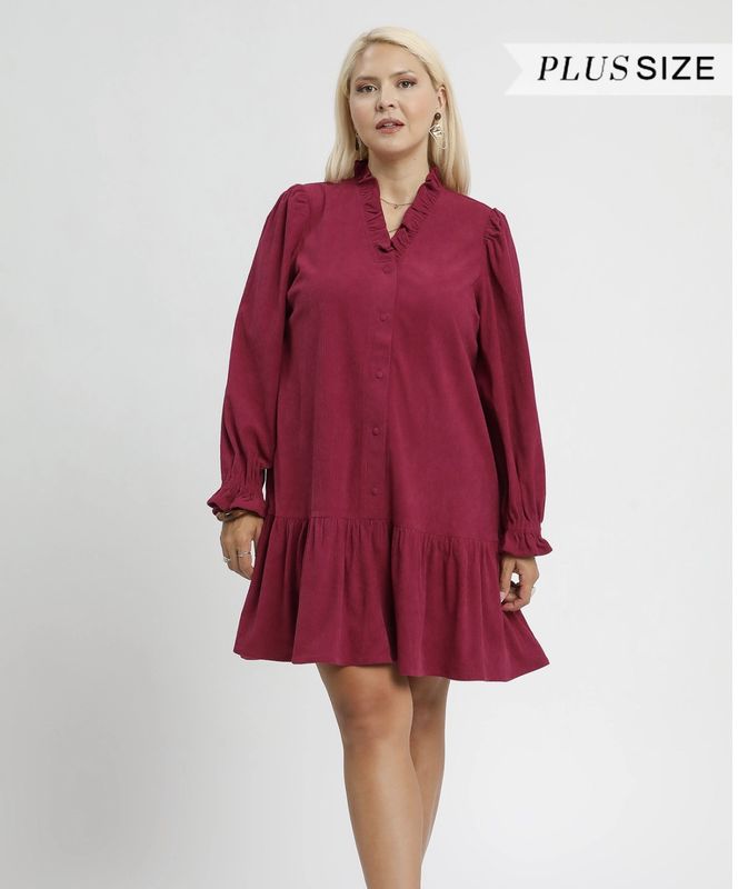 Corduroy Ruffle Trim Babydoll Dress