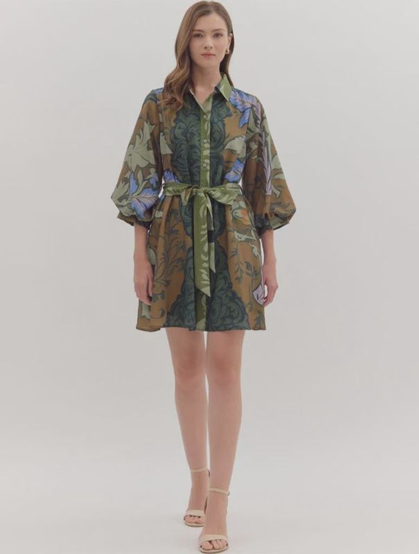 Enchanted Foliage Belted Mini Dress