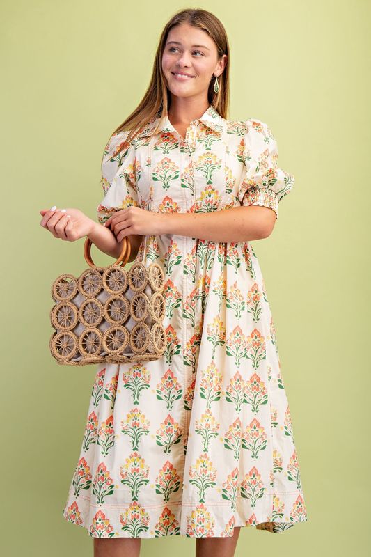 Cream Floral Puff Dress