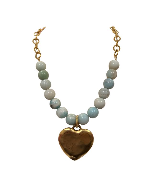 Blue Green Beaded Heart Necklace