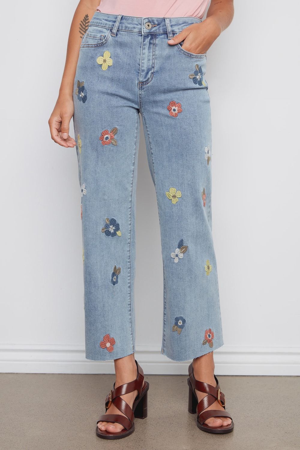 Floral Embroidered Denim Pants