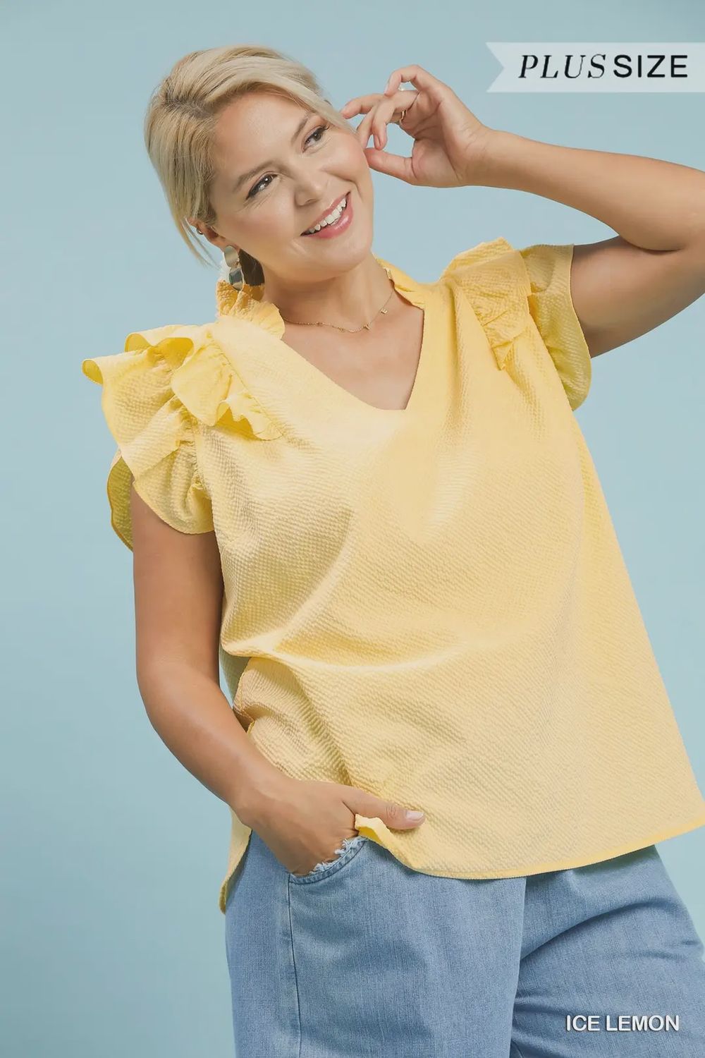 Textured Ruffle Sleeve V-Neck Blouse