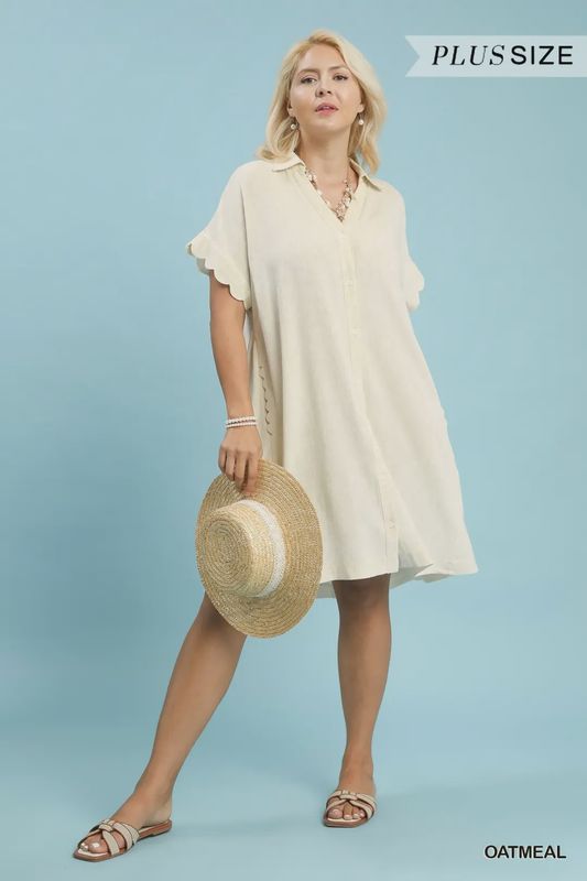 Linen Scallop Sleeve  Dress