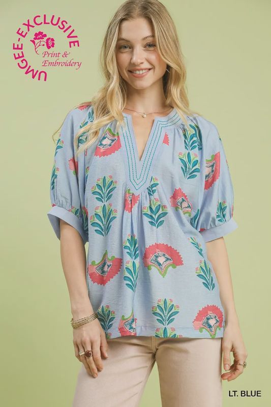 Blue Abstract Print Top