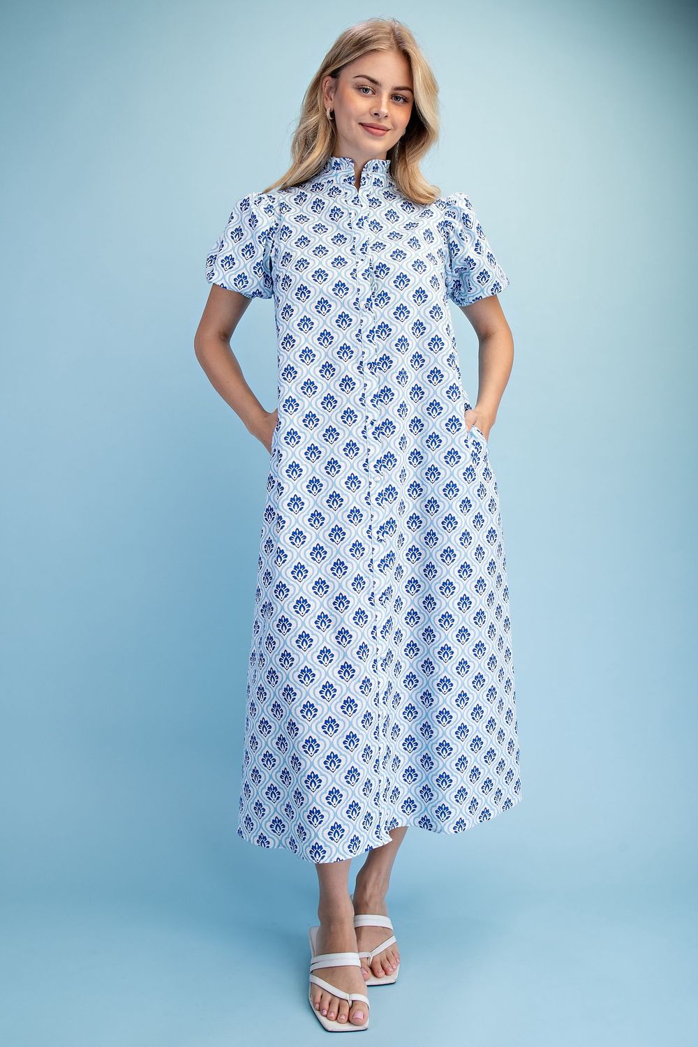 Cobalt Ruffled Button Down Dress