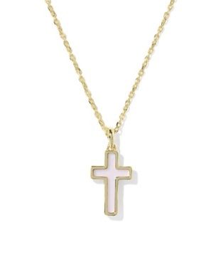 CROSS PENDANT NECKLACE GOLD MATTE BLUSH PINK DICHROIC GLASS