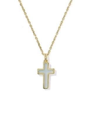 CROSS PENDANT NECKLACE GOLD MATTE LIGHT BLUE DICHROIC GLASS