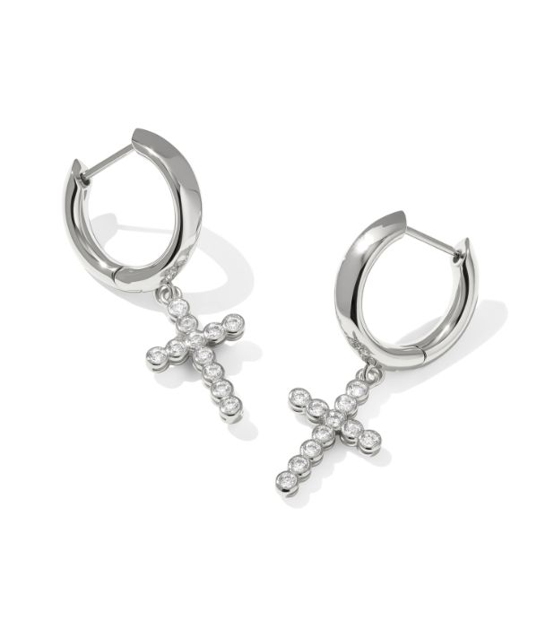 Cross Crystal Silver Huggie Earrings