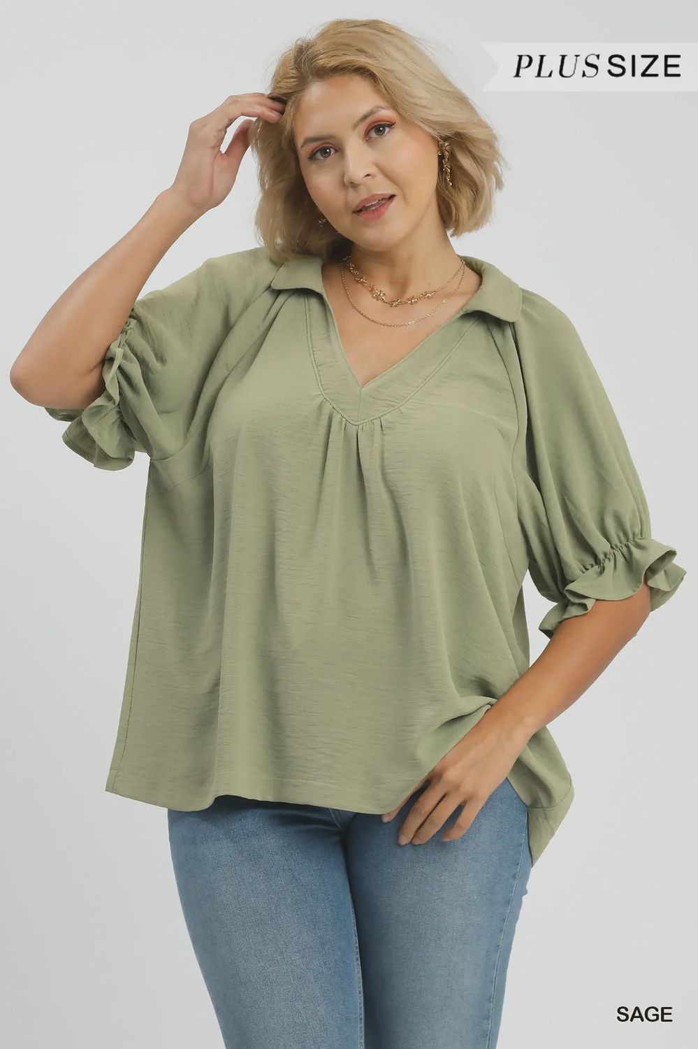 Sage Collared V-Neck Top