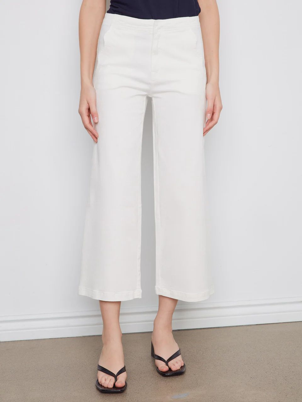 Wide Leg Twill Pant with Scalloped Edge-White