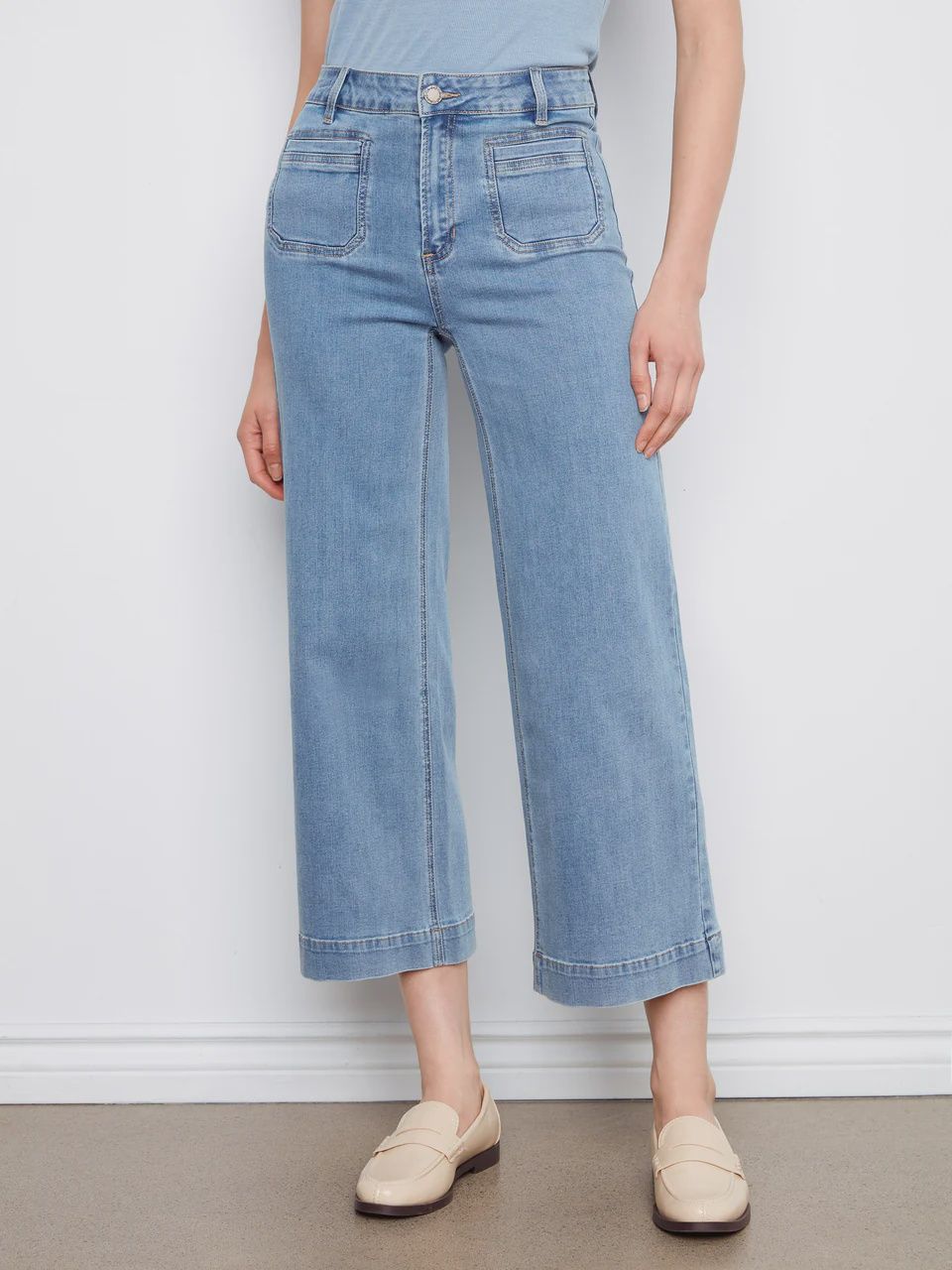 Cropped Patch Pocket Denim Flare Jean - Blue Jean