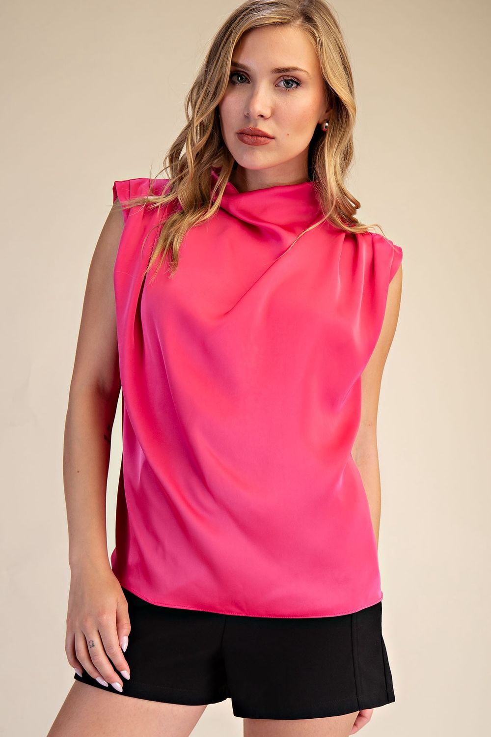 Cowl Neck Sleeveless Top- Fuchsia