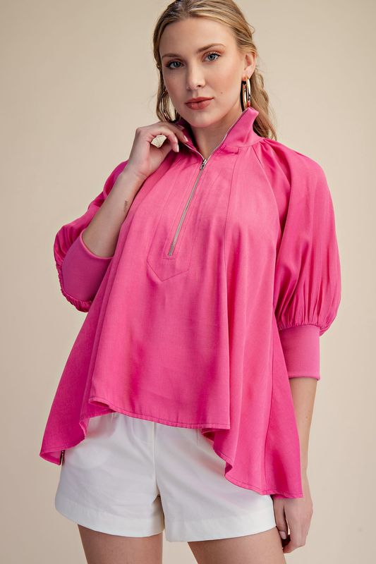 Pink Mock Neck Puff Sleeve Blouse