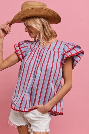 USA Strip Woven V-Neck Top