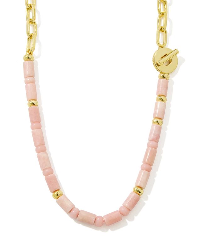 LINDSEY BEADED HALF CHAIN NECKLACE GOLD LIGHT PINK QUARTZITE