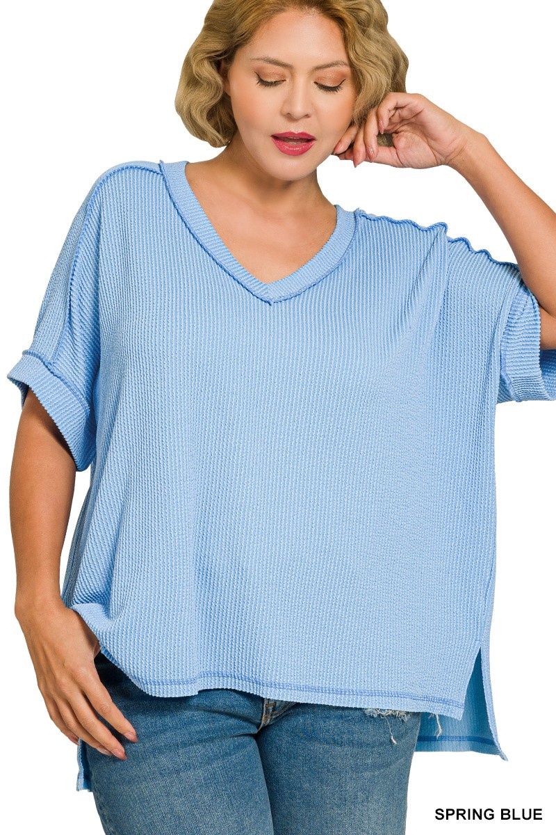 Plus Rib V Neck - Blue Plus Rib V Neck - Blue