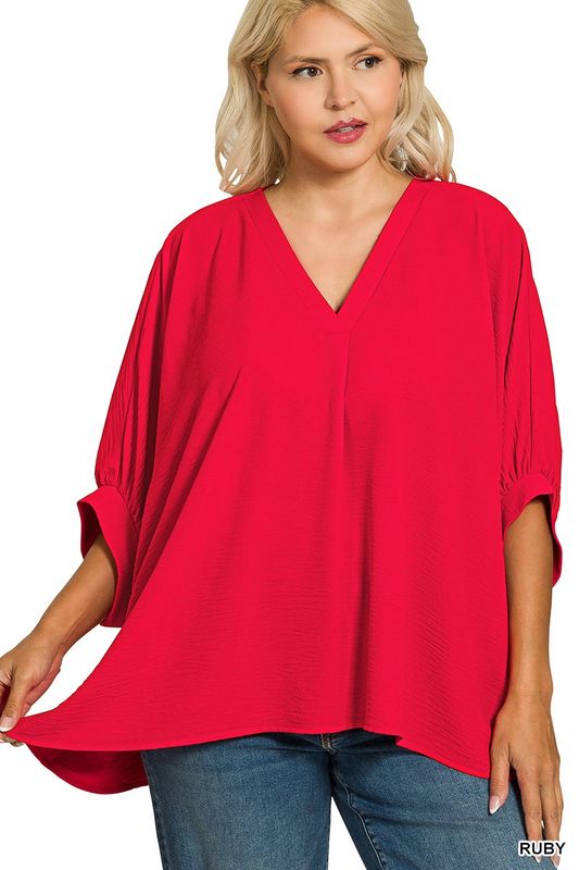 Plus Half Sleeve V Neck Red