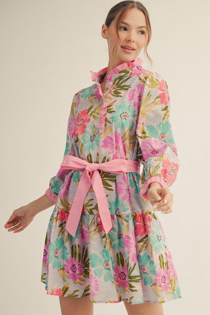 Waist Tie Floral Tiered Dress