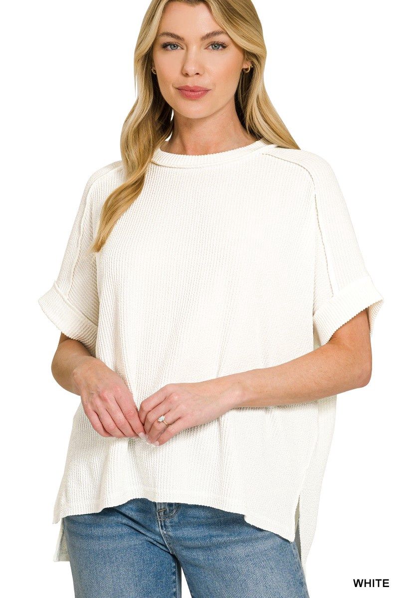 White Raised Ribb Cuff Raw Edge Top White Raised Ribb Cuff Raw Edge Top