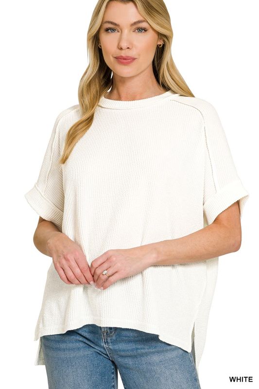 White Raised Ribb Cuff Raw Edge Top