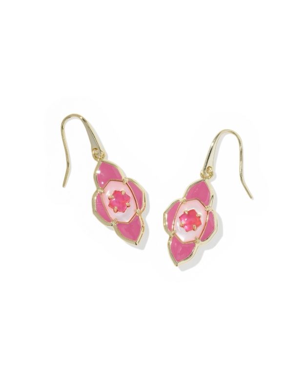 Abbie Medallion Small Drop Earrings Gold Hot Pink Mix