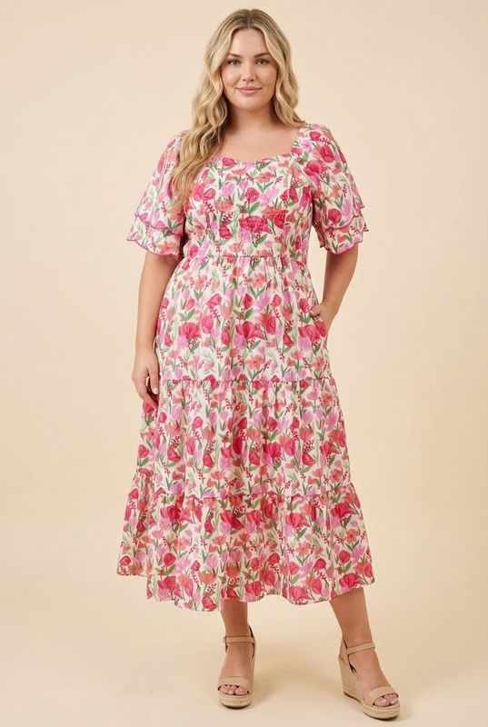 PLUS Floral Contrast Piped Tulip Dress