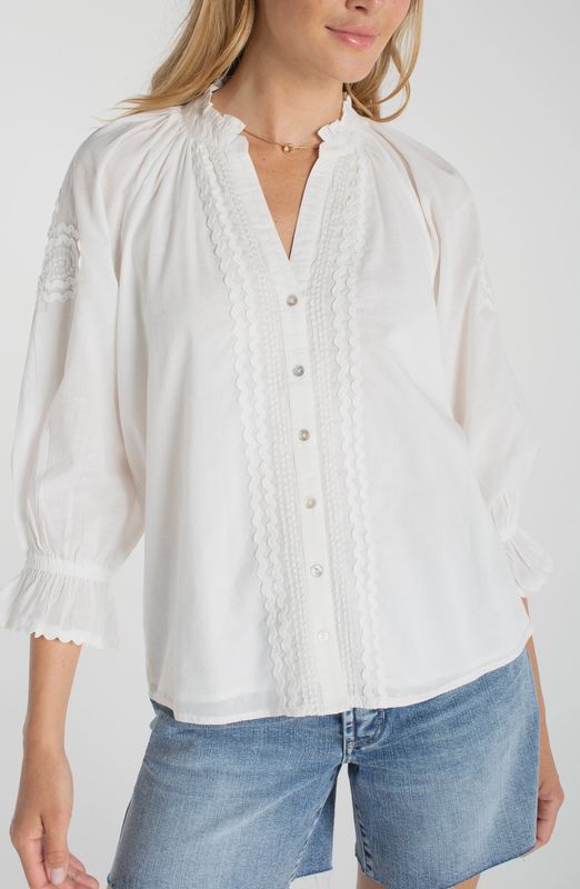 Bone 3/4 Sleeve Button Front Woven Top