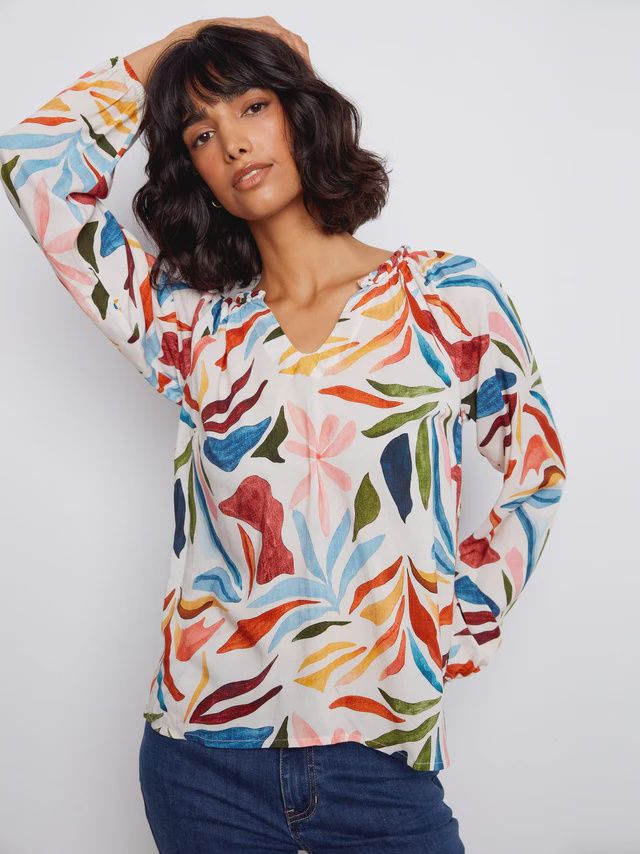 Printed Raglan Popover Blouse