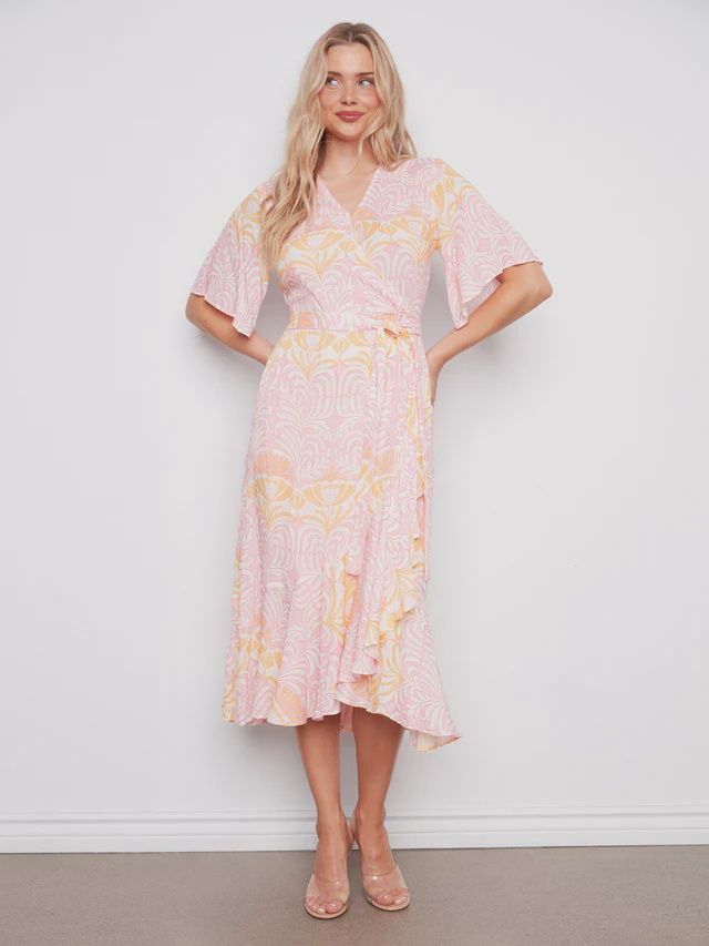 Printed Faux Wrap Dress with Belt Printed Faux Wrap Dress with Belt