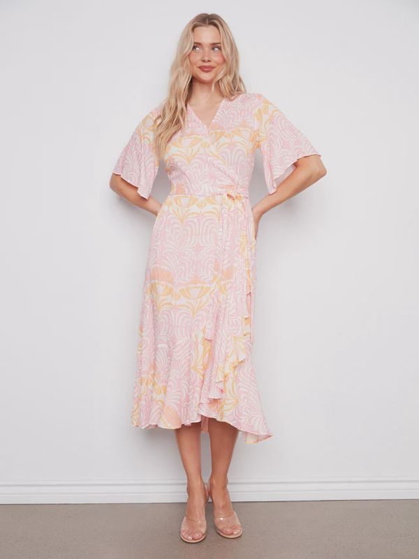 Printed Faux Wrap Dress with Belt