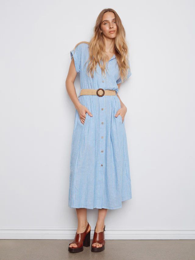 Striped Linen Blend Maxi Dress with Belt