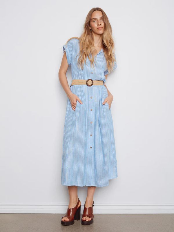 Striped Linen Blend Maxi Dress with Belt