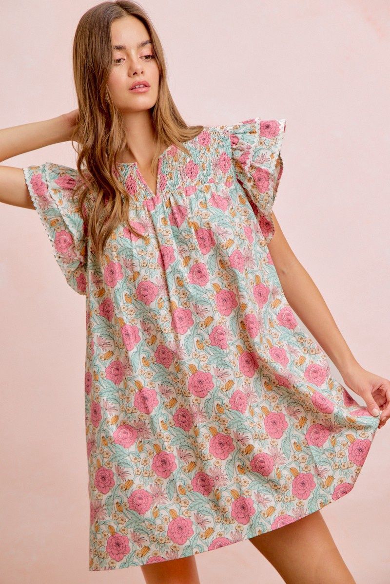 Flower Printed Woven Smocking Mini Dress