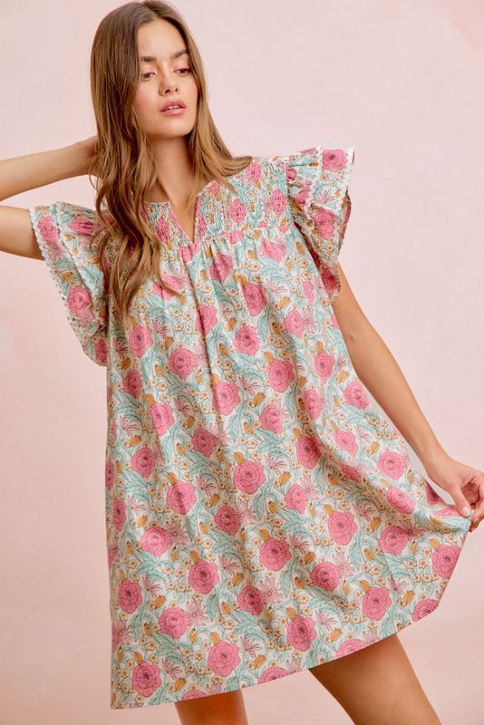 Flower Printed Woven Smocking Mini Dress