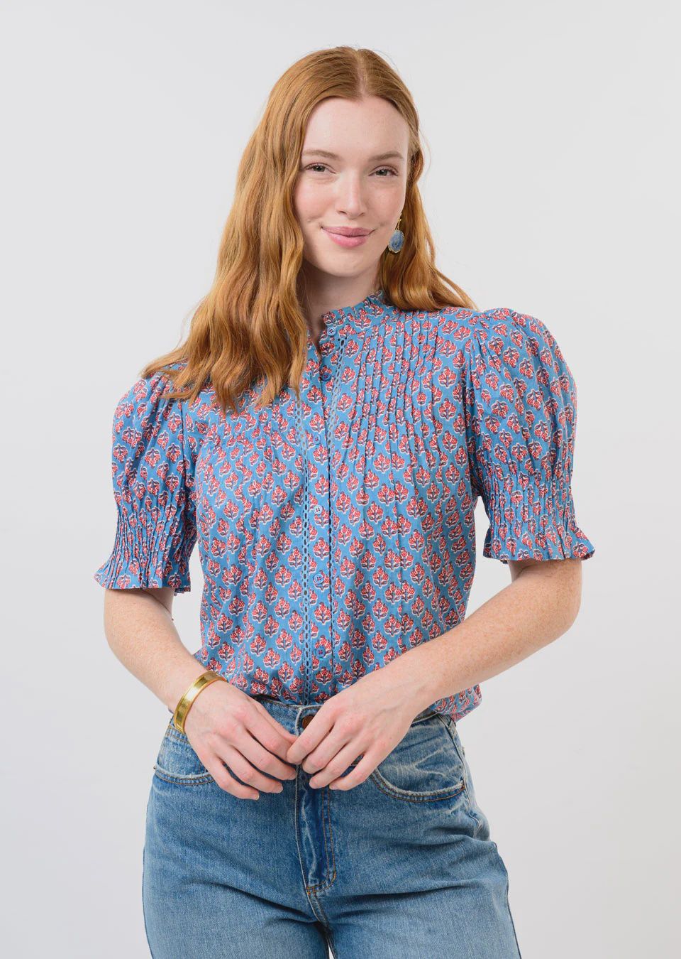 Block Floral Tuck Blouse