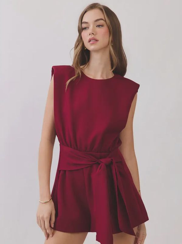 Padded Shoulders Waist Tie Romper