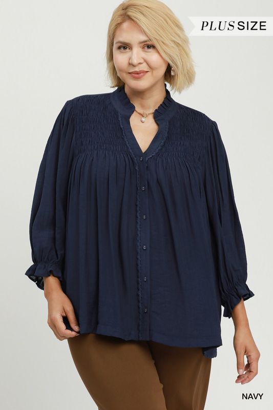 Smocked Yoke Button Front Blouse