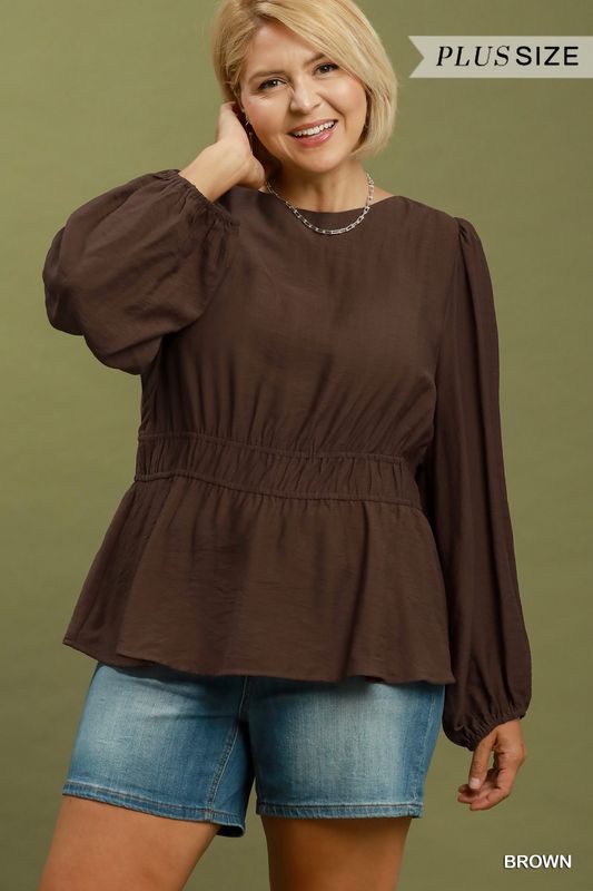 Smocked Waist Long Sleeve Peplum Blouse