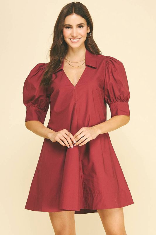 PUFF SLEEVE V-NECK MINI DRESS - MAROON