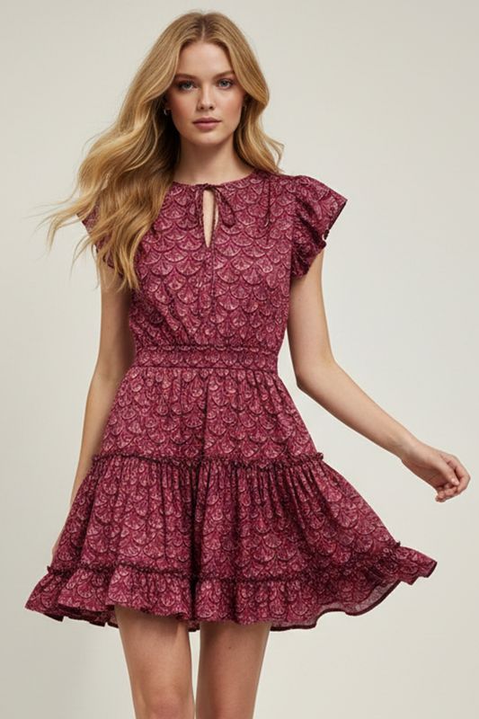 SCALLOPED PRINT TIERED MINI DRESS -CRANBERRY