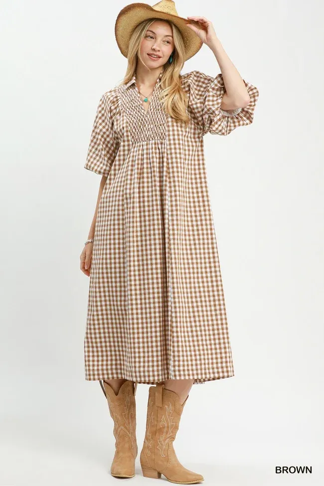 Brown Puff Sleeve Plaid Midi Dress Brown Puff Sleeve Plaid Midi Dress